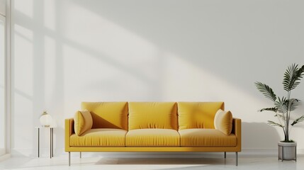 Yellow sofa in a bright living room with sunlight and stylish decor