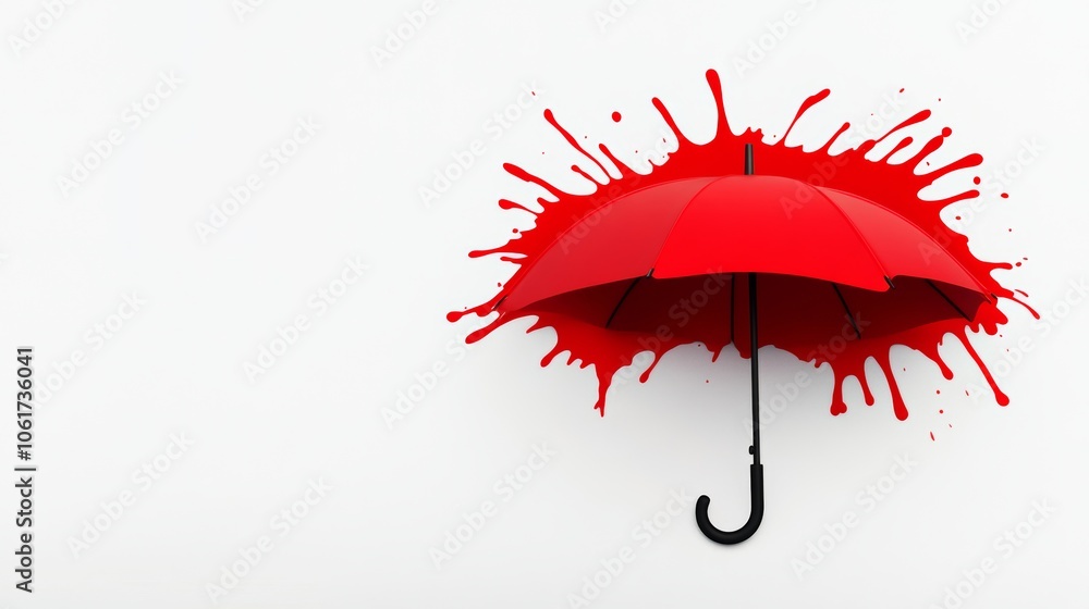 Poster red umbrella is on top of a red splatter of paint. the umbrella is open and the paint is dripping do