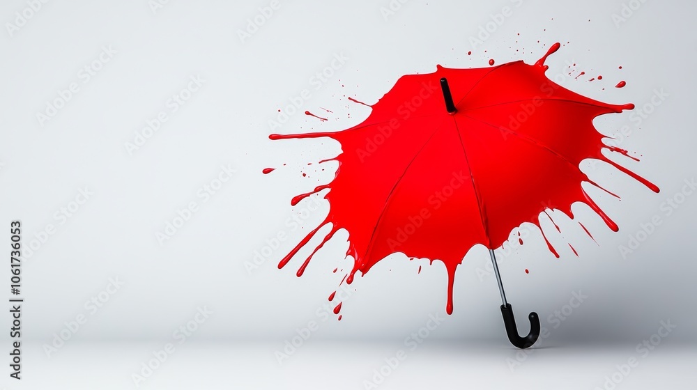 Poster red umbrella is splattered with red paint. the umbrella is upside down and the paint is dripping fro
