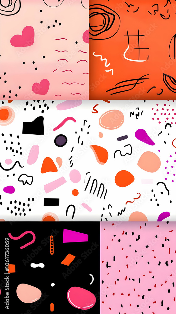 Poster set of 6 colorful abstract seamless patterns with geometric and doodle elements.