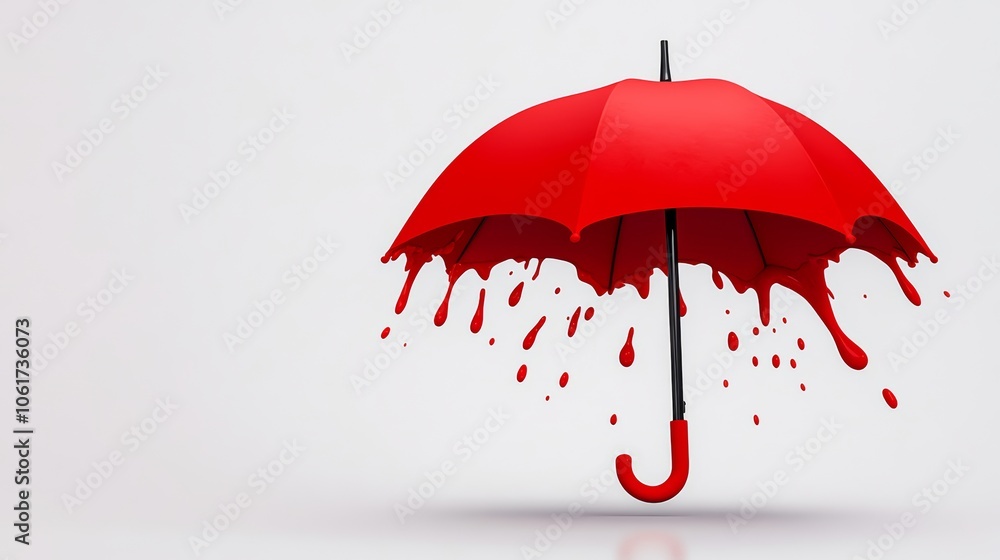 Poster red umbrella with red paint splattered on it. the umbrella is upside down and the paint is dripping 
