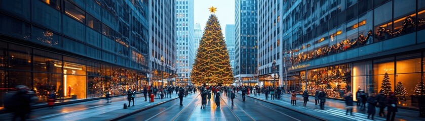 Fototapeta premium A bustling street scene with a large, beautifully decorated Christmas tree surrounded by tall buildings and twinkling lights, evoking holiday spirit and joy.