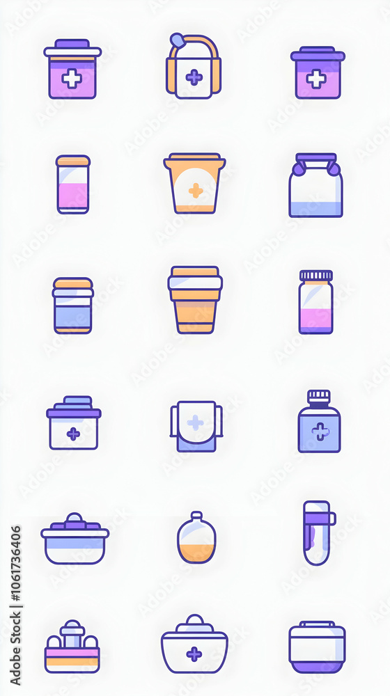Poster set of 18 colorful icons of various containers.