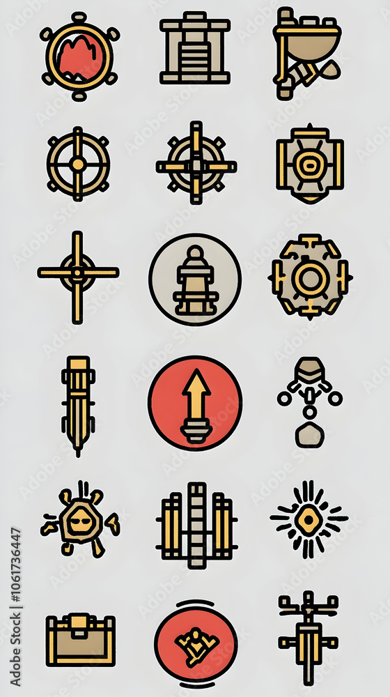 Poster set of 18 colorful icons with different shapes and designs.