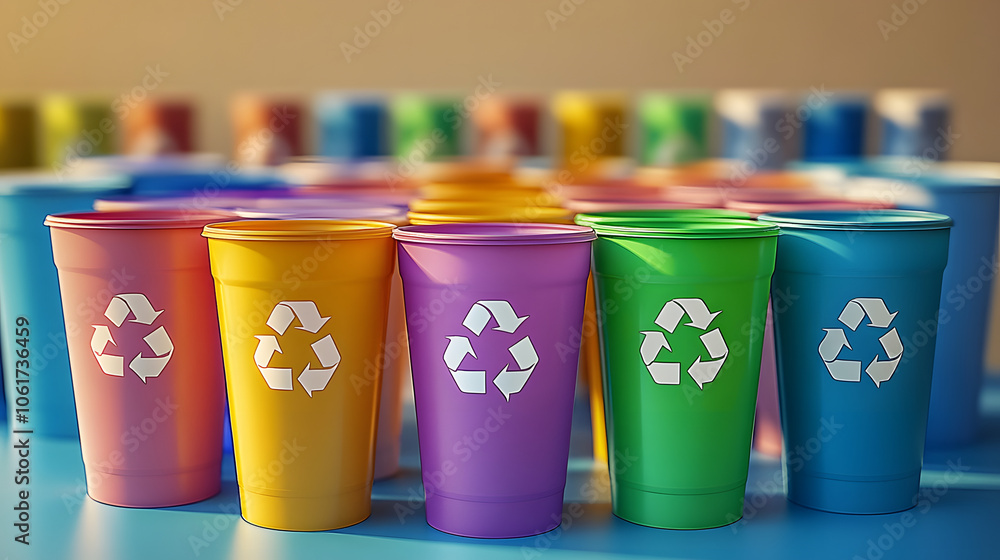 Poster a stack of plastic cups with recycle symbols printed on the sides. the image encourages the use of r