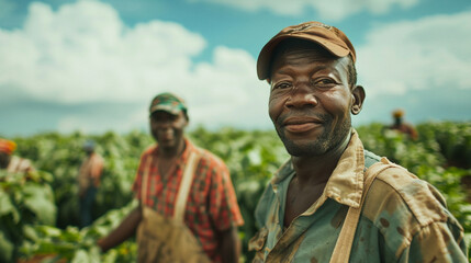 Fototapeta premium An African man is smiling in a field with other men