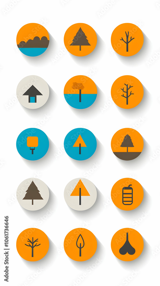 Poster set of flat design tree icons in circles with long shadow.