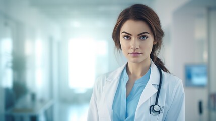 a female doctor in a white room, with the focus on her face as she examines a patient,