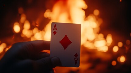 Ace of diamonds card held in hand with a warm fire background.