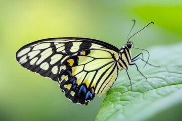 Butterfly resting on a green leaf, vibrant colors, nature close-up.