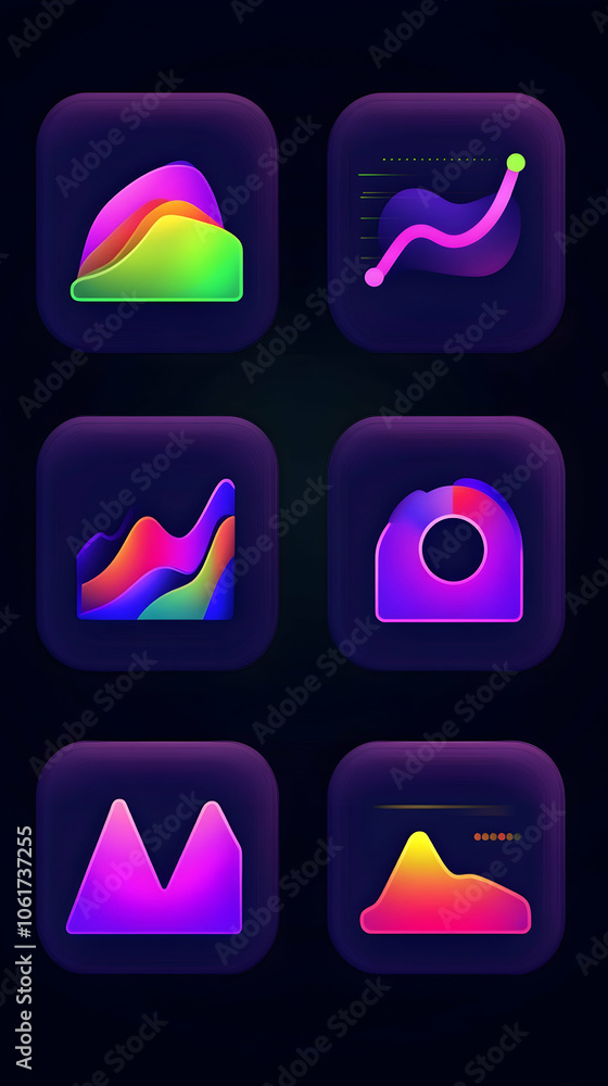 Poster six colorful app icons with different shapes and gradient colors on a dark background.