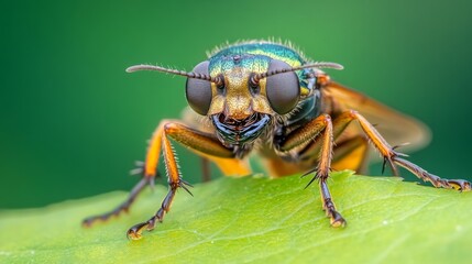 Fototapeta premium Close-up of a fly perched on a green leaf.