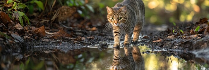 Fototapeta premium A tabby cat walks through a puddle in a forest, its reflection mirrored in the water.