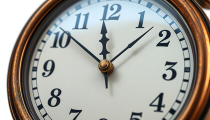 Close up old antique classic clock. Concept of time, history, science, memory, information. Retro style. Vintage background isolated with white highlights, png