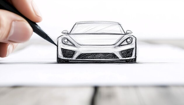 Creative Process of Hand Sketching a Sports Car on Wooden Table with Soft Lighting - Medium Shot