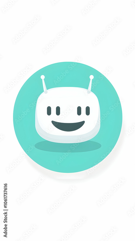 Poster smiling robot face with antennas in a blue circle.