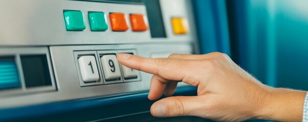 Hand pressing buttons on ATM machine for cash withdrawal or bank transactions.