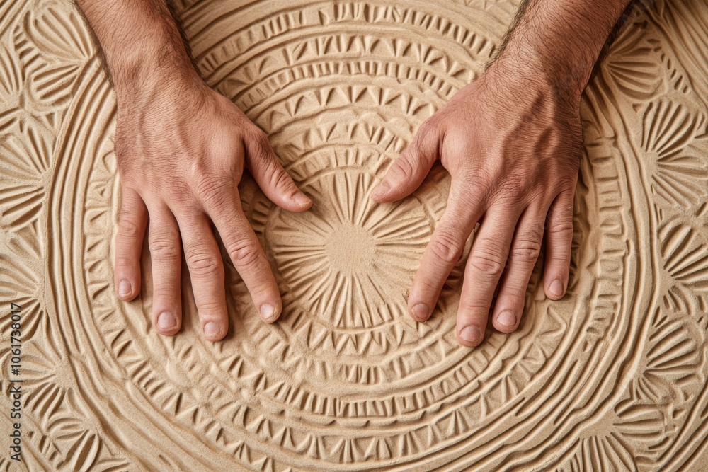 Poster hands creating patterns on textured clay surface.