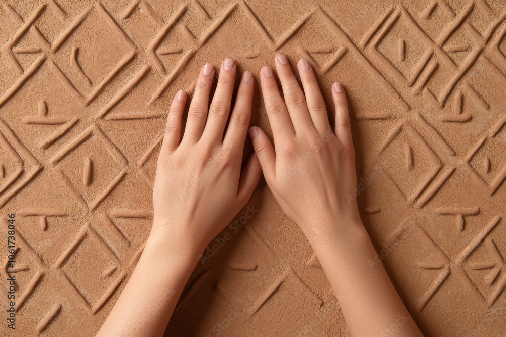 Poster hands exploring textured clay artistic patterns.