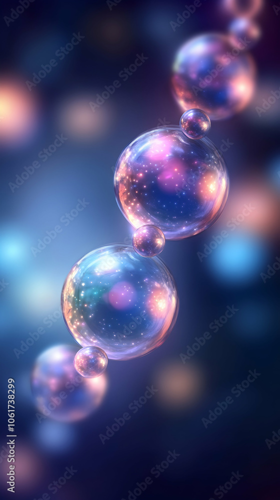 Poster a chain of iridescent spheres with a blurred background of soft lights.