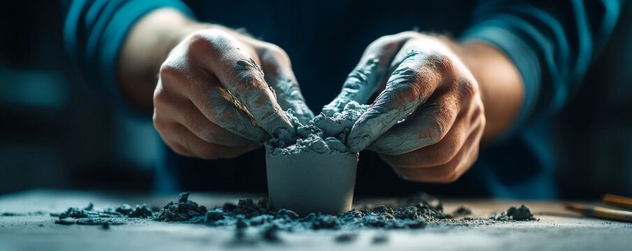 Hands molding clay in a workshop setting with tools around.