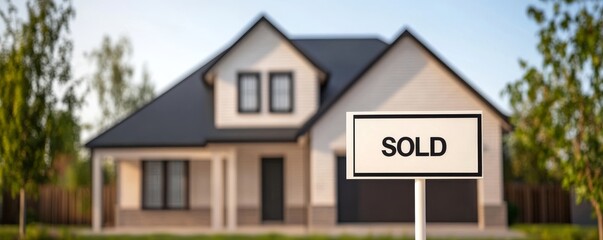 Modern house with sold sign in front, showcasing real estate success.