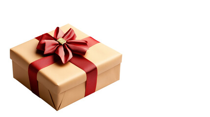 Obraz premium beautifully wrapped gift with a shiny gold ribbon and a red bow, placed elegantly, creating a luxurious holiday feel, isolated on a transparent background