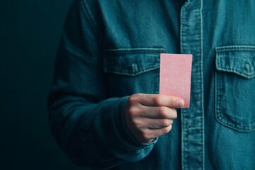 Person holding a pink card in a denim jacket against a dark background.