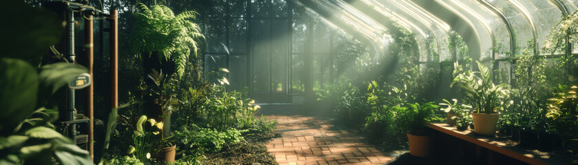 serene greenhouse filled with lush plants, sunlight streaming through glass, creating tranquil atmosphere. Perfect for gardening enthusiasts