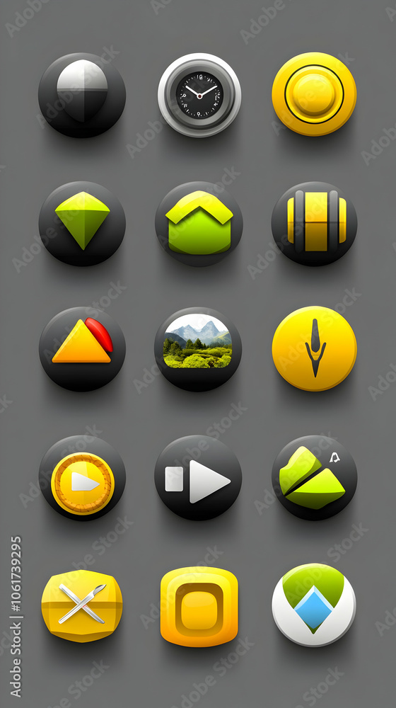 Poster a set of 15 circular and square interface icons with various symbols, colors, and textures.