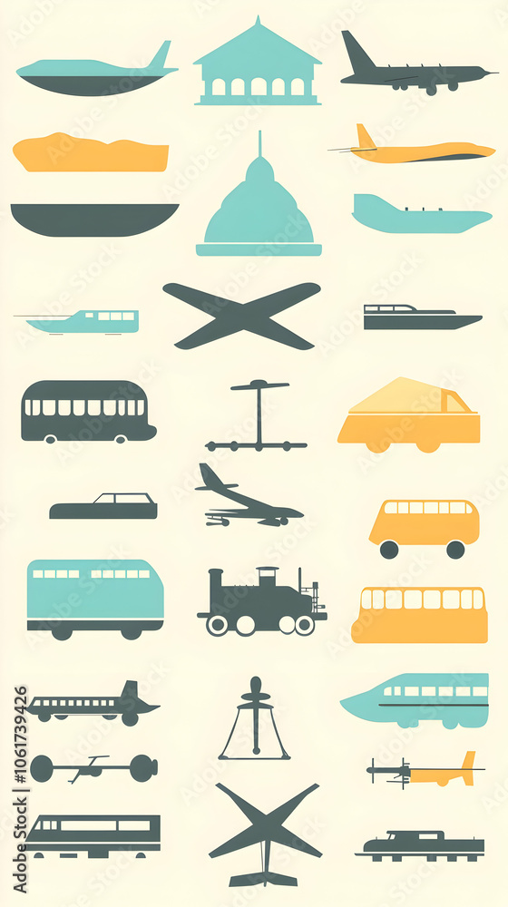 Aufkleber a set of 21 simple icons of different modes of transportation in a vintage style.