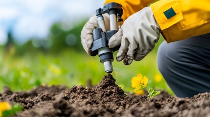 Person using soil moisture sensor in a garden to assess soil health.