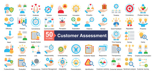 Customer Assessment icon collection set. Containing Integrity, Listening, Gratitude, Solution, Attentiveness, Innovation, Empathy, Gift, Timeline icon. Simple flat illustration.