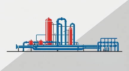 Obraz premium A schematic representation of industrial piping and tanks in blue and red, illustrating a mechanical setup.