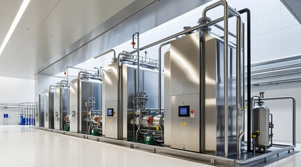 A modern industrial facility with stainless steel tanks and pipes, showcasing advanced machinery for manufacturing processes.