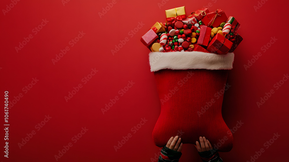 Poster isolated on red color background with side space for letters person holding a large red and white ch