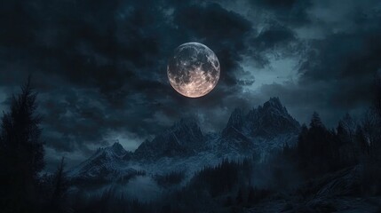 Naklejka premium Enchanted Night Sky with Full Moon Over Mountains