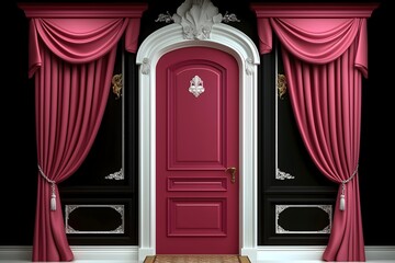 Photography backdrop, colorful mansion doorway, magenta and black room, front door, pink 3D curtain drapes, swags and tails,