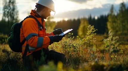 Worker using tablet in nature, analyzing vegetation with sunlight backdrop.