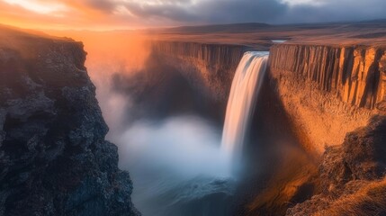 Fototapeta premium A majestic waterfall tumbles over a cliff into a misty pool below, captured during golden hour with no people in sight.