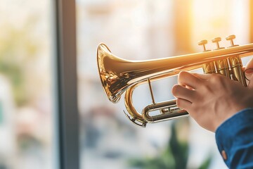 Fototapeta premium Hands Holding Trumpet by the Window at Sunset
