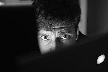 Burnout depicted by an employee staring at a computer screen with an error message, looking stressed
