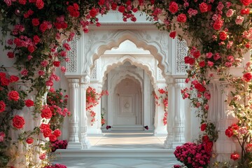 A grand white archway adorned with flowers generative AI
