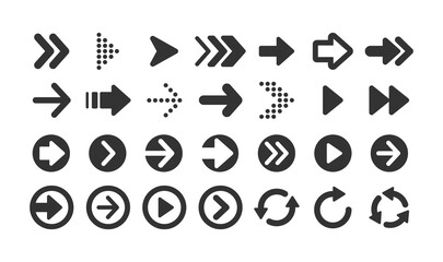 Set of black arrow icons. Various packaging symbols. Motion pointers. Site and player control buttons. Flat style logos. Information pointers. Wayfinding directions. Modern simple vector arrows.