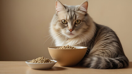 A photo of a cat with a gray and white coat sitting near a bowl of food. The cat has its eyes wide open and is staring intently at the bowl. The bowl is filled with kibble. The background is a beige.