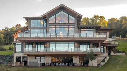 Obraz premium Modern lakeside house with large windows and a spacious balcony, surrounded by greenery, offering a stunning view. Ideal for luxury living and relaxation in nature's embrace.