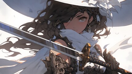 A graceful warrior anime girl in a hat with a sword in an epic pose