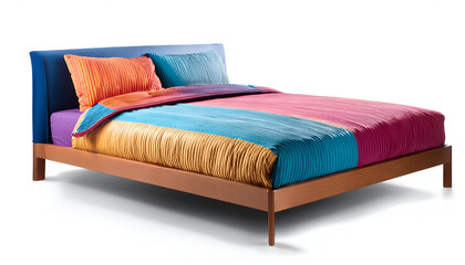 A vibrant modern bed featuring a geometric patterned duvet and bold pillows, embodying style and comfort. Ideal for contemporary home design inspiration