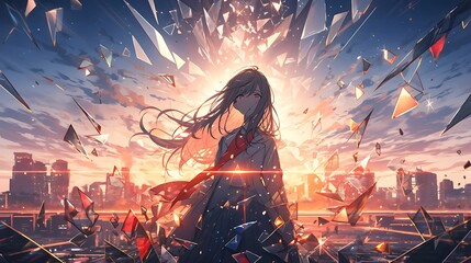 A warrior girl in an epic pose, surrounded by thousands of broken glass, against the backdrop of a city under the rays of the setting sun, colorful anime style