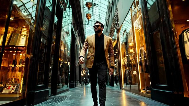 Full body shot of stylish hipster with beard and sunglasses confidently walking through luxury golden mall corridor, while shopping